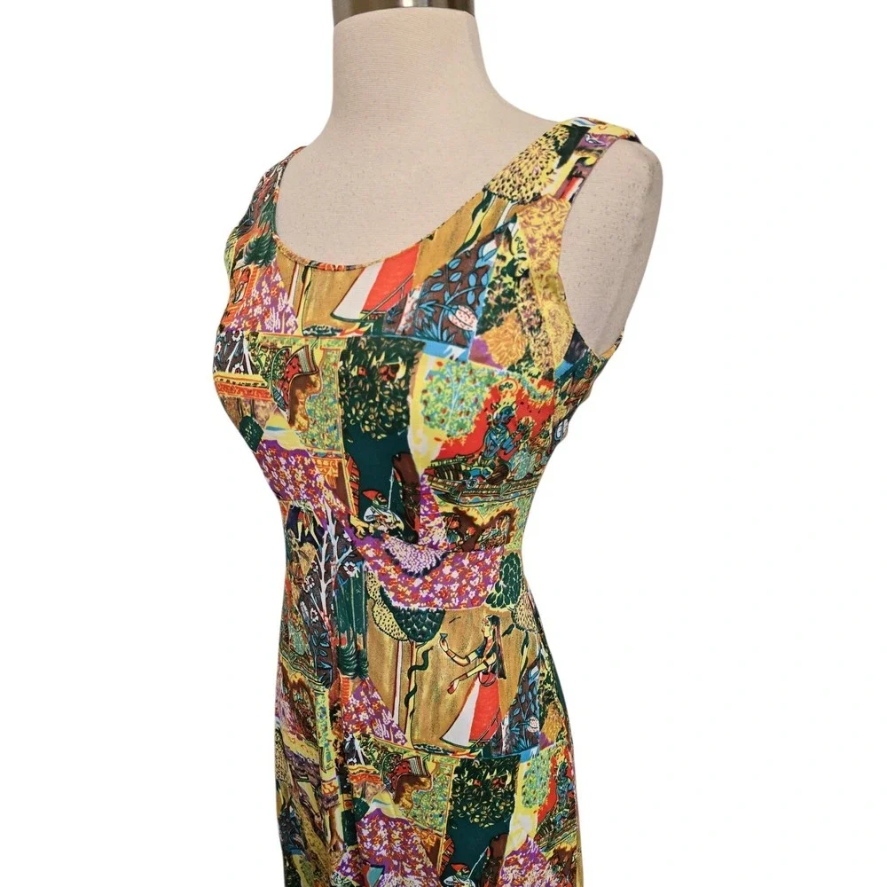 70s Vintage Long Dress Indian Gods Patchwork Print And Matching Shirt Hippie‎